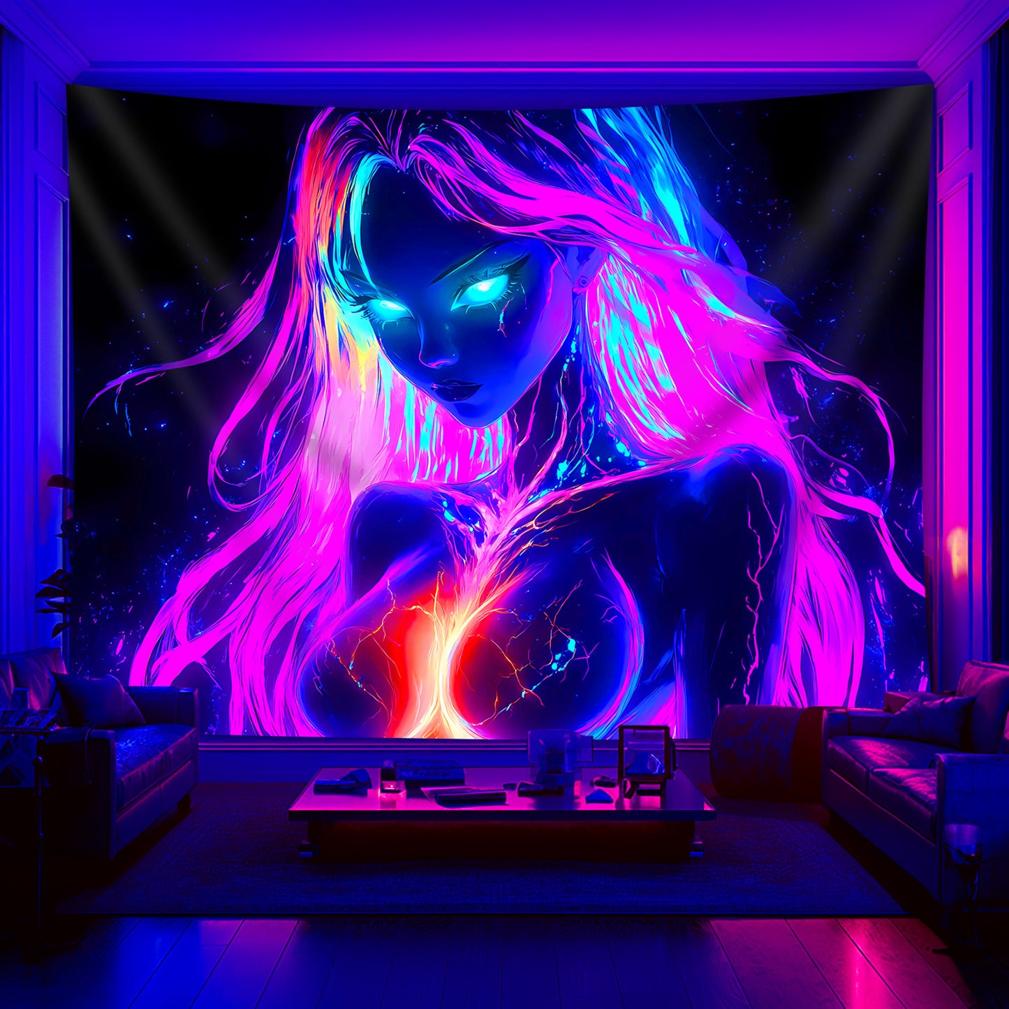1pc Large UV Glow in the Dark Tapestry - Neon Glow under Light, Anime-Themed Fluorescent Wall Hanging for bedroom, Parties, Wrinkle-Resistant Fabric with Hand-Stitched Edges, UV Activated for home Decor (No installation)