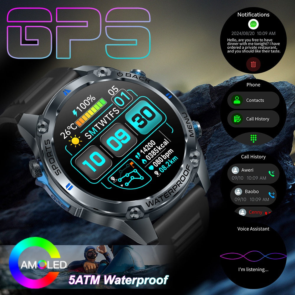 GPS smart watch for all kinds of outdoor sports, ultra-clear AMOLED screen, alloy frame, with compass, barometer, 5ATM High Quality, HD call, information push, health monitoring, 100 sports tracking, compatible with Android a
