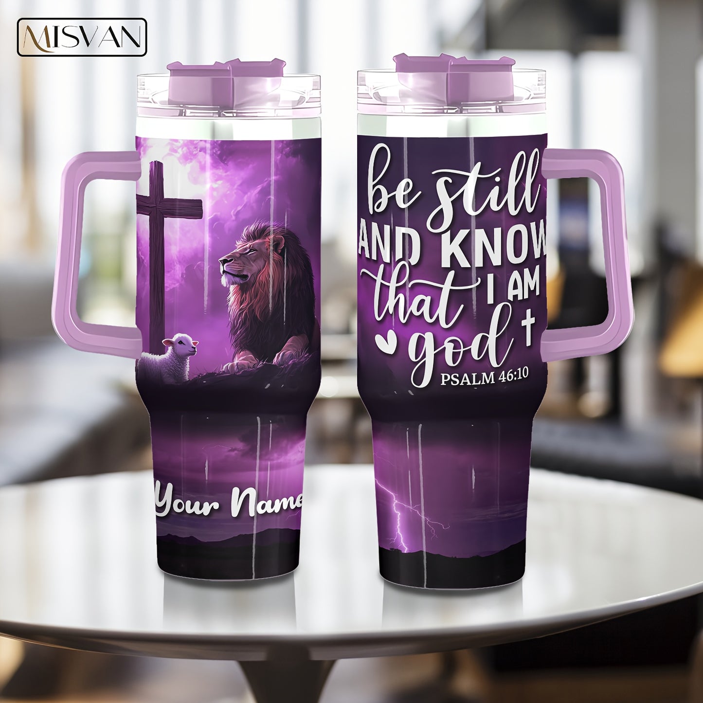 1pc MISVAN Personalized Tumbler with Lid - Custom Name Engraved 40oz Stainless Steel Insulated Water Bottle, Hot & Cold Drinkware for Outdoor Travel, Cross Print Design - Ideal Gift for Birthdays, Easter, Thanksgiving, Mother