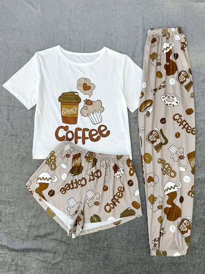 Women's Pajama Set with Milk Tea Cartoon Print, Polyester, Suitable for All Seasons, Casual Round Neck Comfortable Home Wear