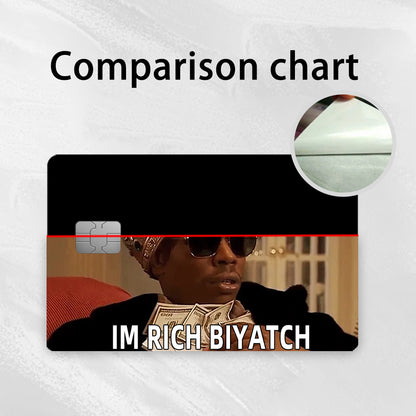 4pcs Waterproof PVC Card Skins - Funny "I'M RICH BIYOTCH" Golden Card Design Stickers | Scratch-Resistant, Non-Slip Glossy-like for Credit/Debit Cards & Keychains | Ultra-Thin Durable Disposable VIP-Style Protectors (Matte Vi