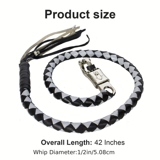 42" Genuine Leather Motorcycle Get Back Whip for Handlebar Fringed Biker Whip, Black & Sliver
