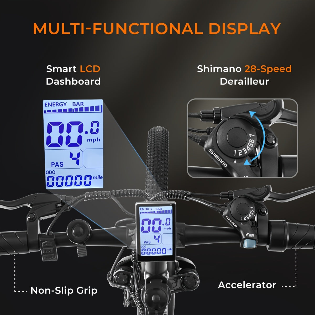 M26 Electric Bike for Adults - 1000W Peak Motor, 40-Mile Range & 20MPH High-Speed, 26" All-Terrain Tire Ebike with Front Suspension, 7-Speed Shimano System, 360Wh Removable Battery, Hydraulic Disc Brakes, Carbon Rims - Heavy-