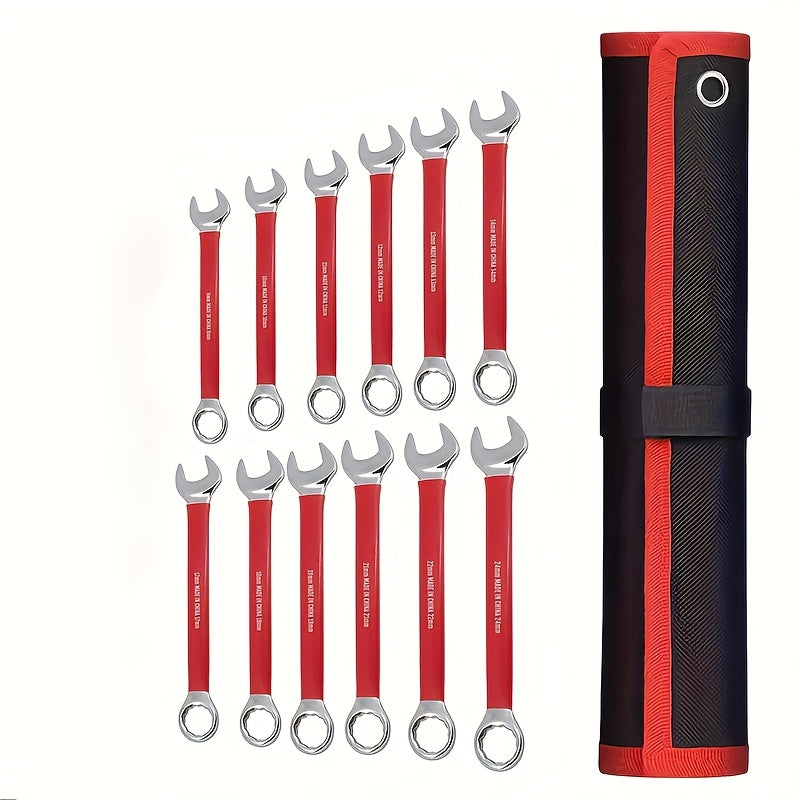 12pcs Heavy-Duty Chrome Vanadium Steel Two-Way Wrench Tool Set with Red Canvas Bag - 6mm-17mm Metric Sizes, 12-Point Box End & Open-End Wrenches, Non-slip Grip Handles For Automotive, for bicycle, Home Repair - Durable Metal