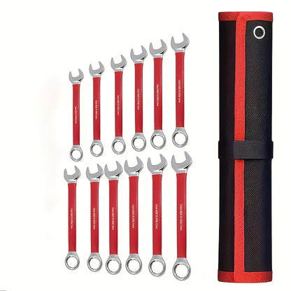 12pcs Heavy-Duty Chrome Vanadium Steel Two-Way Wrench Tool Set with Red Canvas Bag - 6mm-17mm Metric Sizes, 12-Point Box End & Open-End Wrenches, Non-slip Grip Handles For Automotive, for bicycle, Home Repair - Durable Metal