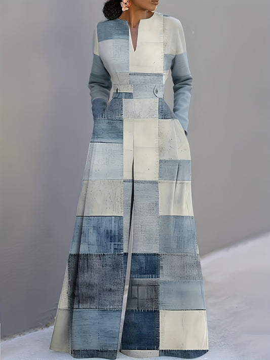 Women'S Long Sleeve Loose Elegant Fashion Plaid Print V-neck Jumpsuit | Suitable for Casual Outing, Commuting, Party, with and Pocket Details, Perfect for Spring/Fall