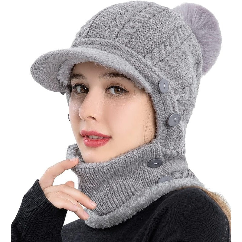 1x Winter Women's Pullover Ear Warmer Hat, Scarf Mask Combo Warm Thick Skull Ski Cap, Head And Neck Warmth, Ear And Face Warmer, Winter Scarf Mask Combo, Ear Warmer Hat, Cable Pattern, Slouchy Fit, Hand Wash Care, Thick Fleec