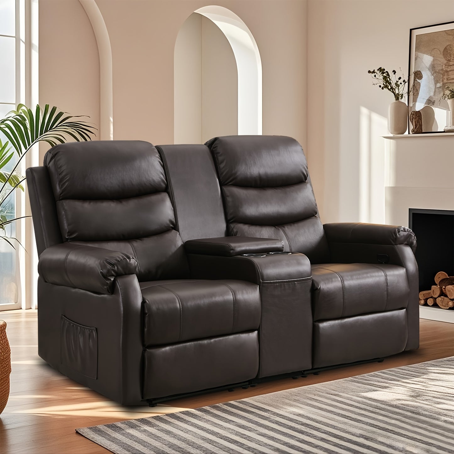 Office Reclining Loveseat, Manual RV Recliner Sofa With Console & Cup Holders & Pockets, Faux Leather Upholstered