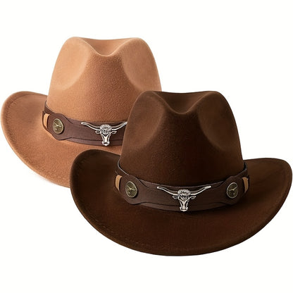 Stylish Lightweight Western Cowboy Hat - Classic Wide Brim Felt with Brown Leather Band & Metallic Buckle, Breathable & Machine Washable for Weddings & Casual Wear, Cowboy Hat