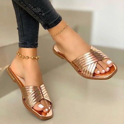 Women's Slip- Comfortable Flat - Open-Toe Mules with Arch & Cushioned Insole, Low-Heel PU Sole, Golden Buckle Strap - Casual to Formal Summer Shoes (EU 36-43, US Women's 5-10) - Ideal for Beach, Office, Semi-Formal Events - E