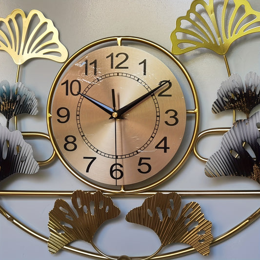 3D Creative Wrought Iron Wall Clock for Bedroom Living Room, 32.68in x 14.57in Ginkgo Leaf Silent Wall Clock, Wrought Iron Decor Gift, Large Black Golden Green for Dining Room