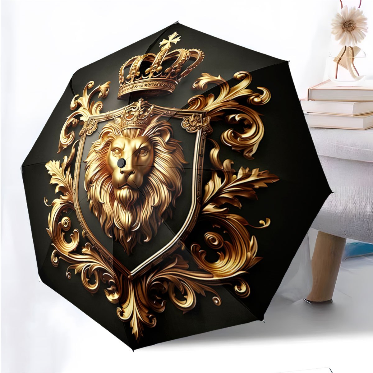 Automatic Open/Close Umbrella with Lion Crown Design - Luxury Black & Golden collapsible umbrella, 8-Rib sturdy frame, Automatic Folding for Travel, Formal Events - Regal Gift for Birthday, Christmas, Special Occasions, Every