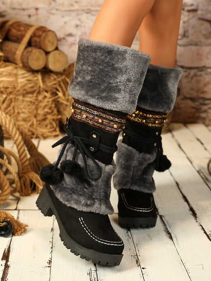 Ethnic Cowboy Boots for Men - Women's Mid-Calf Boots - High Heel Ankle Boots with Faux Fur Lining - Autumn and Winter