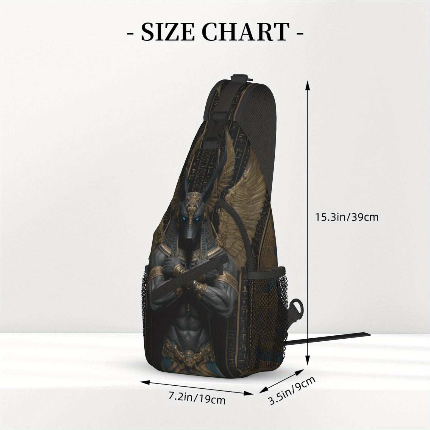 Men's Egyptian God Anubis Sling Bag - Egyptian-Themed Chest Pack with Anubis Print & Horus-Eye Golden Accent, Zipper Closure, Hands-Free Crossbody Bag for Cycling, Travel, Casual Use - Ancient Egyptian Design Gift for Adventu