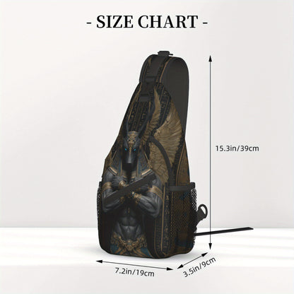 Men's Egyptian God Anubis Sling Bag - Egyptian-Themed Chest Pack with Anubis Print & Horus-Eye Golden Accent, Zipper Closure, Hands-Free Crossbody Bag for Cycling, Travel, Casual Use - Ancient Egyptian Design Gift for Adventu