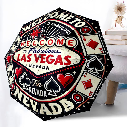 Las Vegas-Themed Open/Close Umbrella with Folding Mechanism - Heavy-Duty 8-Rib Iron Frame, All-Weather Portable Travel Umbrella with Design (Hearts, Spades, Dice, Poker) - Compact & Sturdy for Home, Travel, Outdoor - Ideal Gi