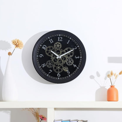 15 Inch Vintage Industrial Steampunk Metal Wall Clock with Moving Gears - Large & Golden Gear Mechanism, No Electricity Needed