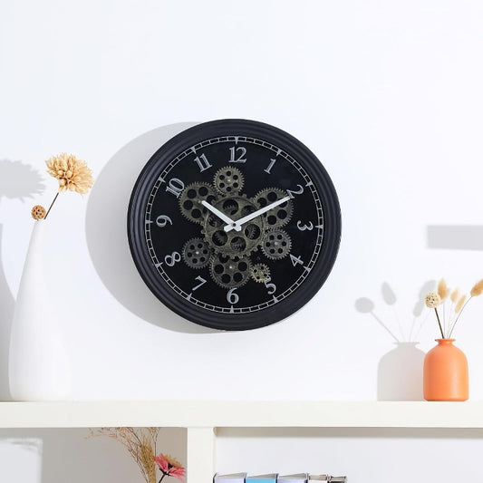 15 Inch Vintage Industrial Steampunk Metal Wall Clock with Moving Gears - Large & Golden Gear Mechanism, No Electricity Needed