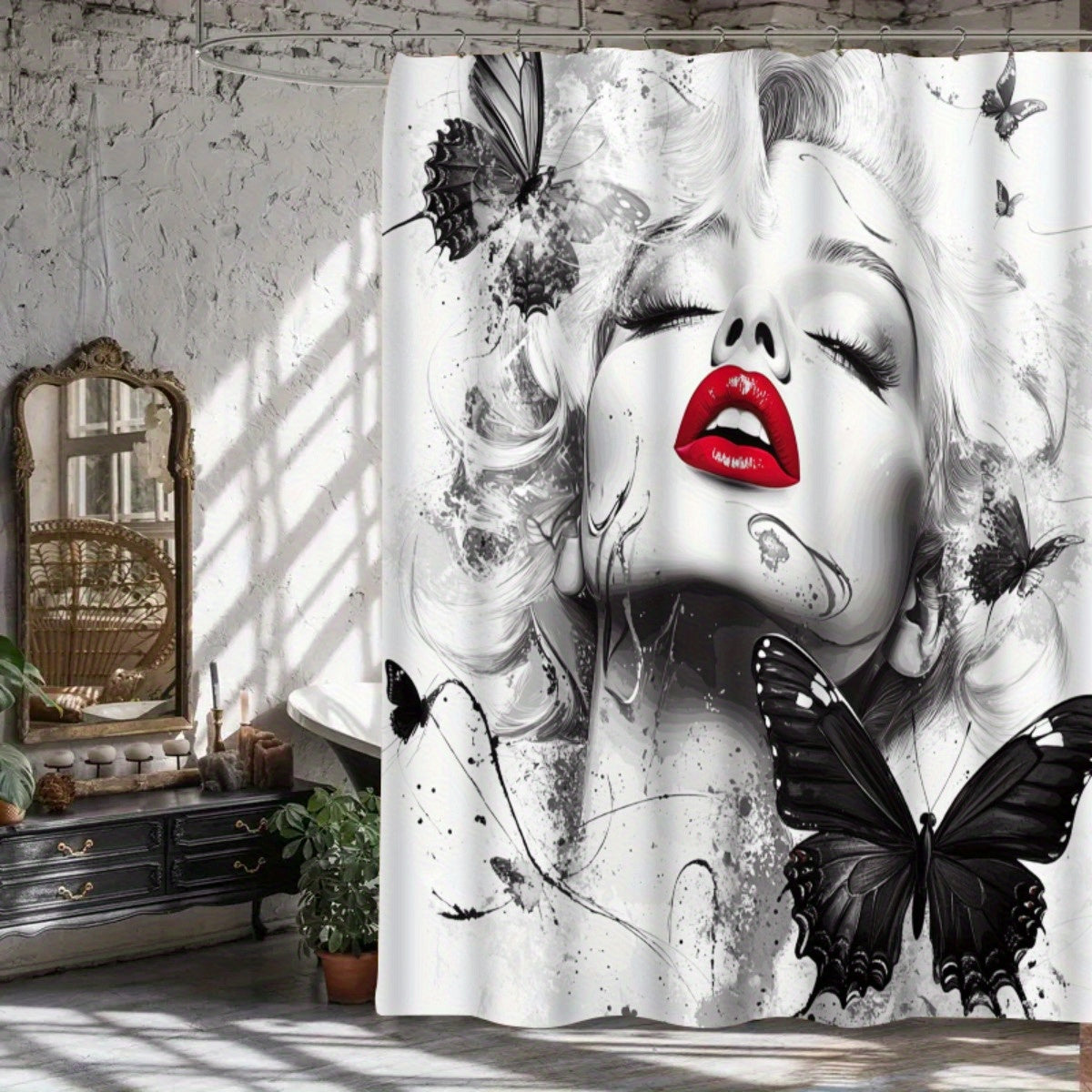 1/3/4pcs Butterfly Kiss II Shower Curtain Set, Black and White Background Red Lip Butterfly Print Bathroom Decor, Includes Bath Mat, U-Shaped Mat, Toilet Lid Cover, 70.87x70.87inch, Curtain with 12 Hooks, "Butterfly Kiss II,