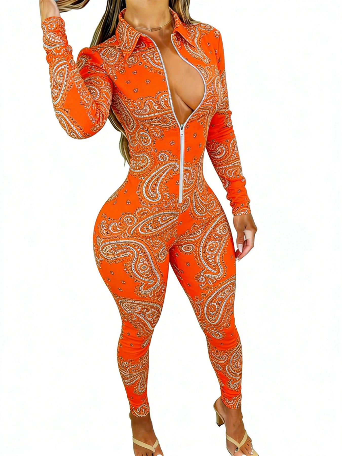 Women'S Long Sleeve Jumpsuit | Stylish Paisley Print, Slim Fit, Perfect for Parties, Dates & Daily Outings, Available in Sizes 2XS to 2XL