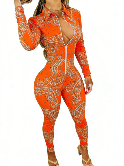 Women'S Long Sleeve Jumpsuit | Stylish Paisley Print, Slim Fit, Perfect for Parties, Dates & Daily Outings, Available in Sizes 2XS to 2XL