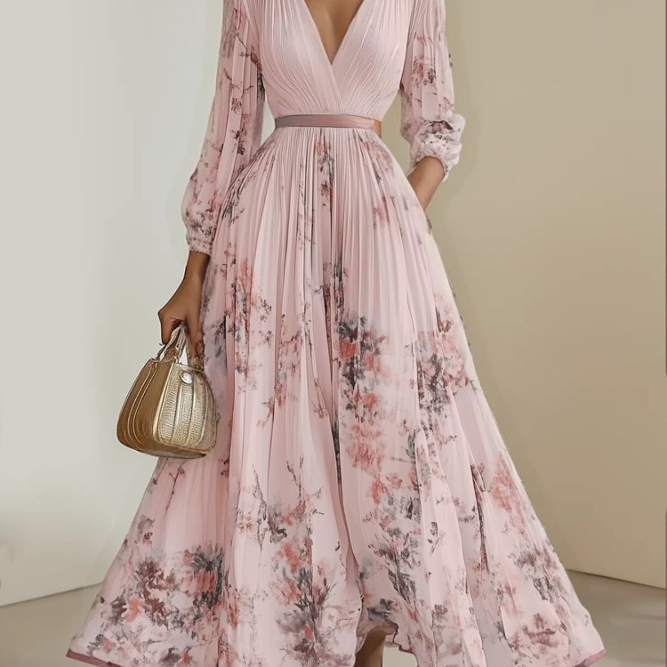 Women's Elegant A-Line Maxi Dress with V-Neck & full-length Zipper Back - Long Sleeve Summer Wedding Guest Gown, Pleated Maxi, Non-Stretch Fabric (Hand Wash/Dry Clean) - Floral print suitable for Prom, Party, Special Occasion