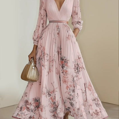 Women's Elegant A-Line Maxi Dress with V-Neck & full-length Zipper Back - Long Sleeve Summer Wedding Guest Gown, Pleated Maxi, Non-Stretch Fabric (Hand Wash/Dry Clean) - Floral print suitable for Prom, Party, Special Occasion