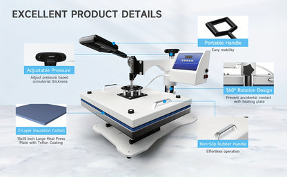 6 In 1 Heat Press Machine 11.5x15 Inch 360 Degree Rotating T-Shirt Press Machine - Heat Transfer Machine For T-Shirts, Mugs, Hats, Plates
