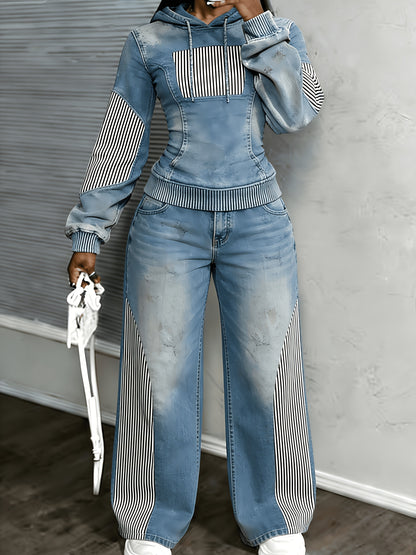 [Printed Pants - Not Denim Fabric] [Non-denim] Women's Flat Print Trendy Casual Long-Sleeved Hooded Drawstring Sport Top + High-Waisted Sport Pants]