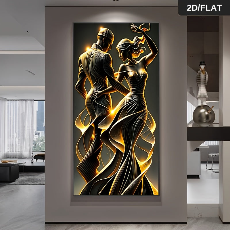 Modern Abstract Couple Wall Art - Large Frameless Canvas Poster 59.99x119.99cm (23.6"x47.2") - Golden & Black Swirl Pattern Dynamic Pose Elegant Textured Painting for Bedroom, Living Room, Hallway Decor - Contemporary Minimal