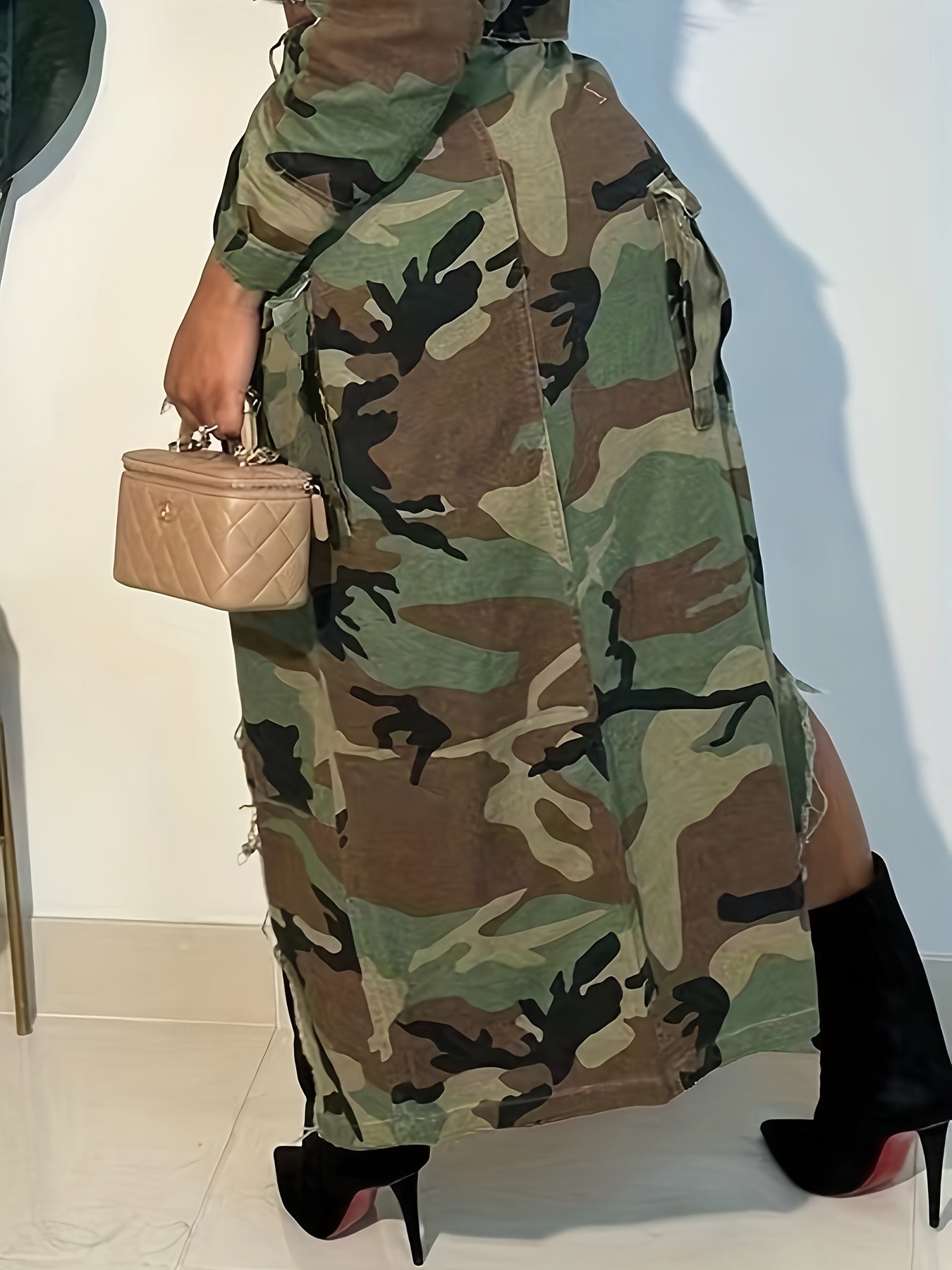 25AW Women's Plus Size Elastic Retro Versatile Casual Fashion Elegant Mid-Waist Multi-Pocket Machine Washable Durable Multi-Function Camouflage Print Cargo Loose Denim Skirt Street Style