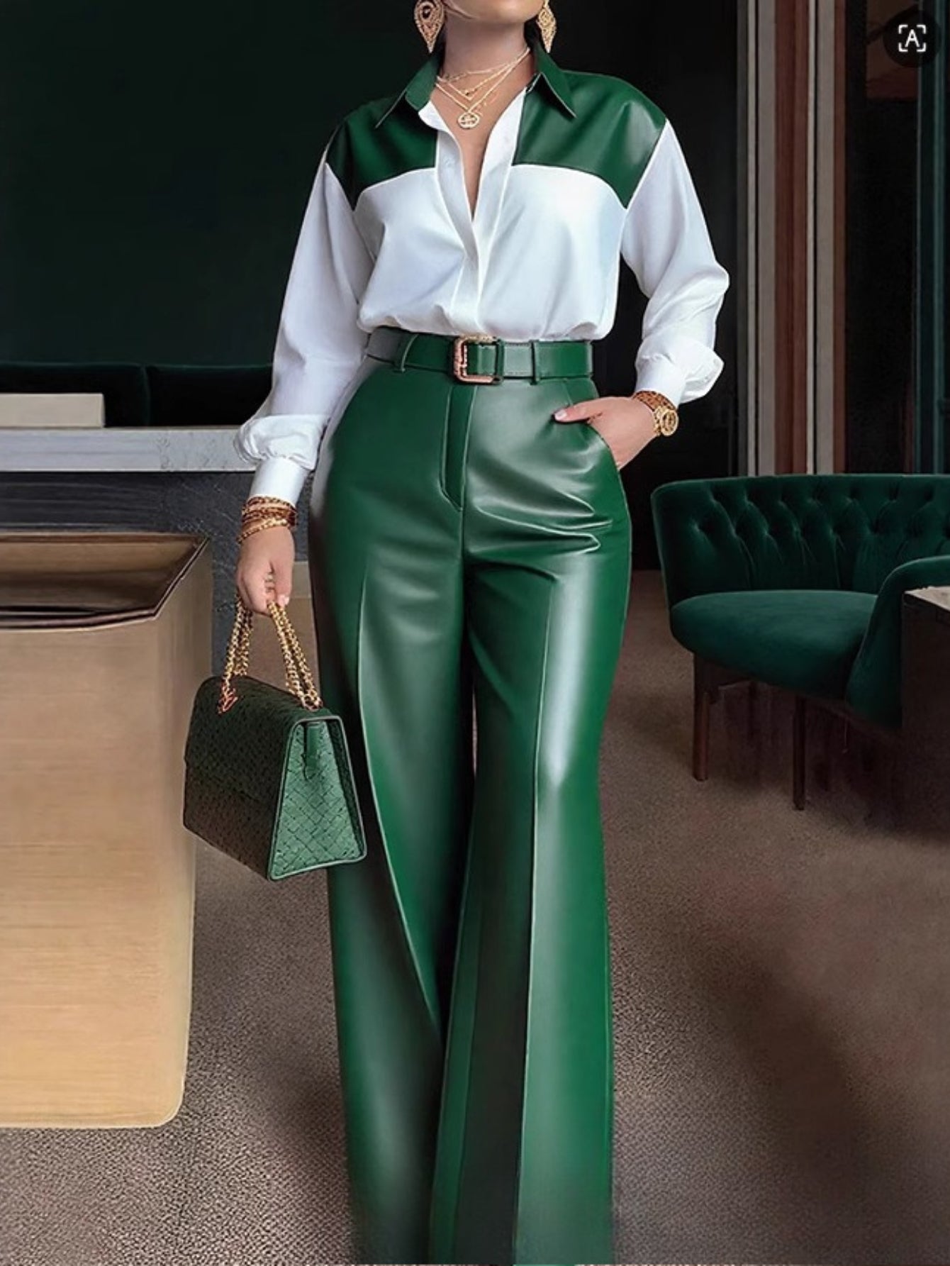 ARTPAGE Office Commuting Leather Pants Outfit, Long Sleeve Shirt + High-Waisted Wide-Leg Leather Pants Two-Piece Set