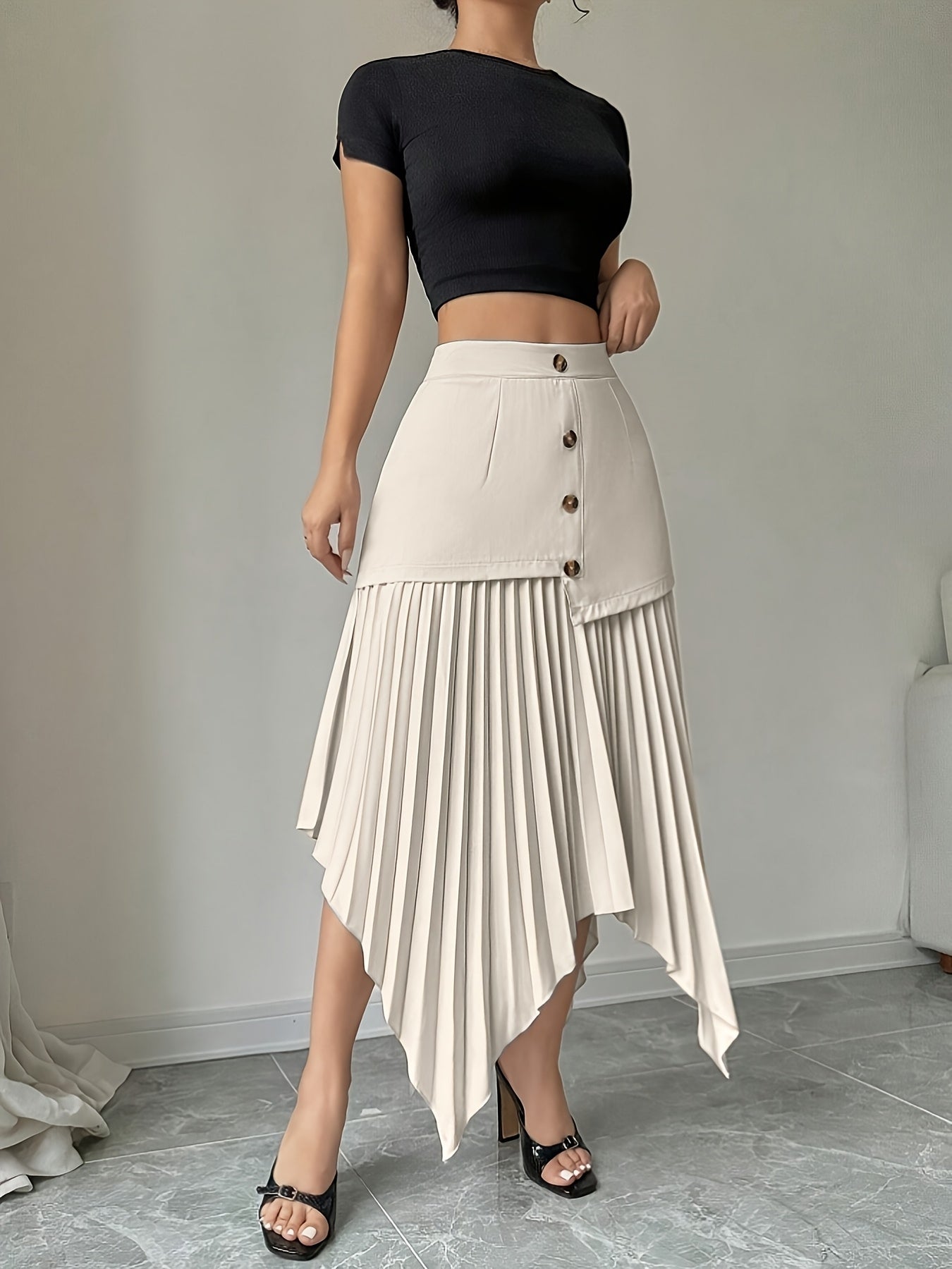 A Spring Season Skirt with an Asymmetrical Pleated Hem And Front Buttons, an Elegant Autumn Skirt with a Unique Button Closure And Pressed Pleats - Machine Washable for Casual And Formal Wear in Spring And Summer