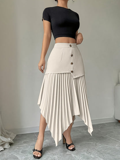 A Spring Season Skirt with an Asymmetrical Pleated Hem And Front Buttons, an Elegant Autumn Skirt with a Unique Button Closure And Pressed Pleats - Machine Washable for Casual And Formal Wear in Spring And Summer