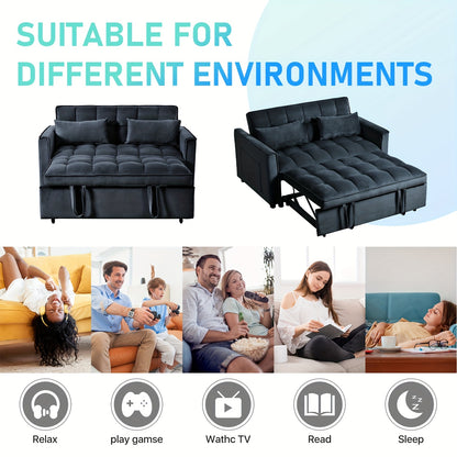 54" Black Velvet 3-in-1 Convertible Sofa Bed with Adjustable Backrest & Pull-Out Sleeper - Space-Saving Sleeper Sofa with Storage Pocket, Hardwood Frame, Modern 2-Seater for Small Apartments, Living Room, Guest Room - No Asse