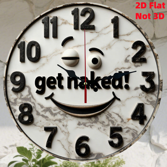 1pc 9.84 Inch Round Wall Clock with Funny "Get Naked!" Smiling Face Design - Silent Non-Ticking Japanese Quartz Movement, White Marble-Like Face & Black Hands, Wood/Plastic/Metal Frame - Battery-Powered (AA Battery Not Includ
