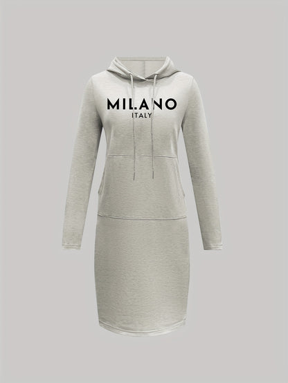 Print Bodycon Hooded Dress, Casual Drawstring Sweatshirt Dress for Spring & Fall, Women's Clothing