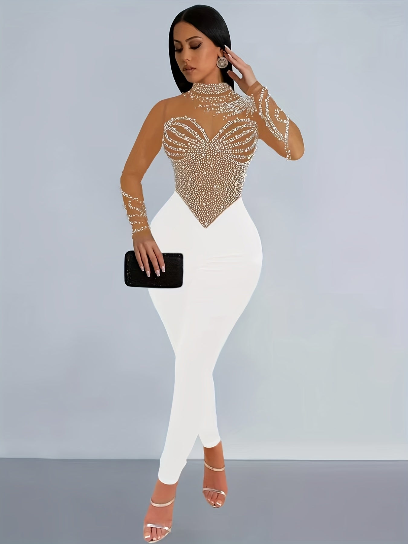 Elegant Women'S Black Jumpsuit with Pearl And Rhinestone Embellishments, Featuring Sheer Mesh Long Sleeves for Evening Events
