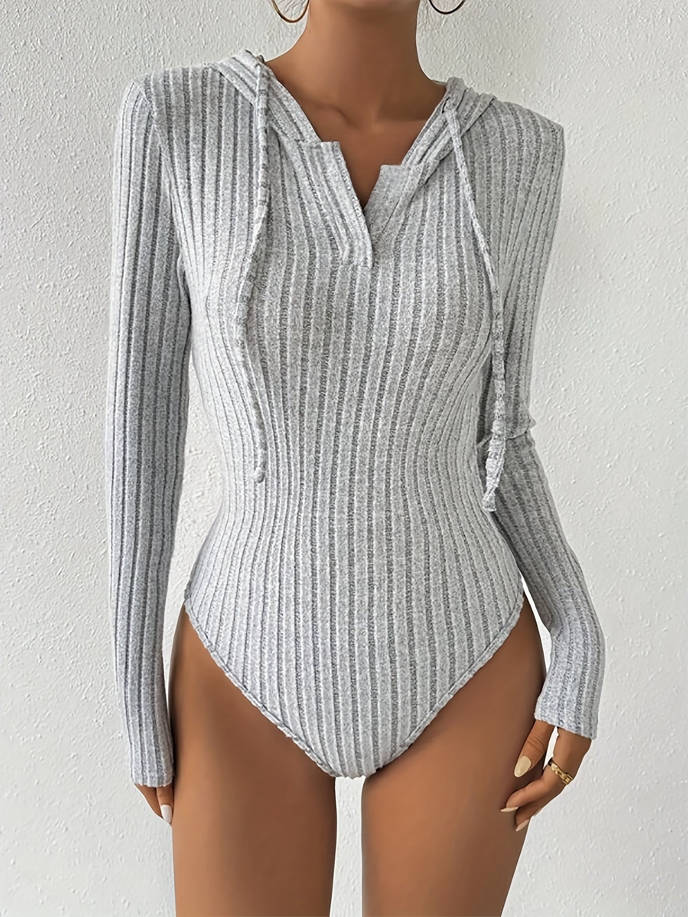 Simple Commuting Style Jumpsuit | V-Neck Drawstring Hooded Design with Vertical Stripes for, Suitable for Home Shopping, Dating, and Women'S Versatile Hooded Bodysuit