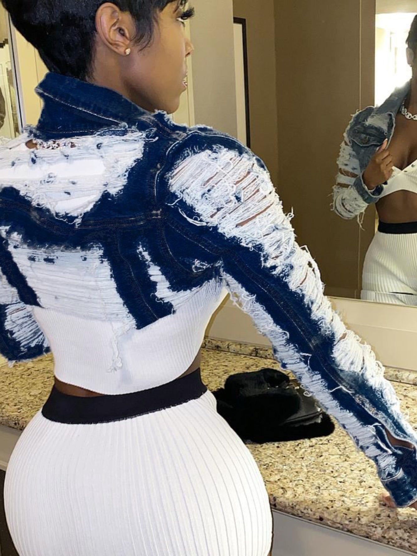 Cut Mini Sexy Cardigan Long Sleeve Denim Short Jacket