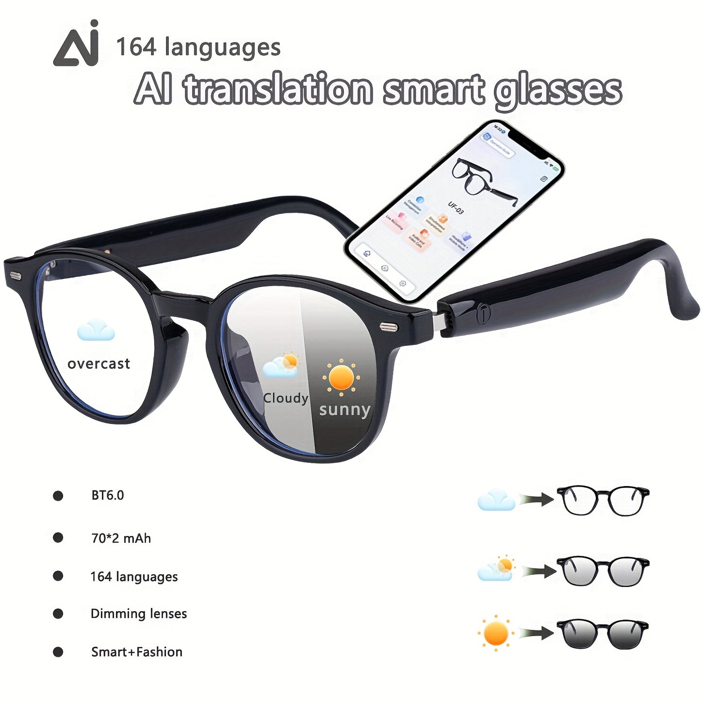 AI Smart Glasses, Smart Glasses with 160 Languages Real Time Translation Support, Chat GPT System, HVESBSFSYNew Multi-functional Audio Glasses for Men And Women, Built-in Microphone And Speaker, HD Voice Calls And HIFI Music