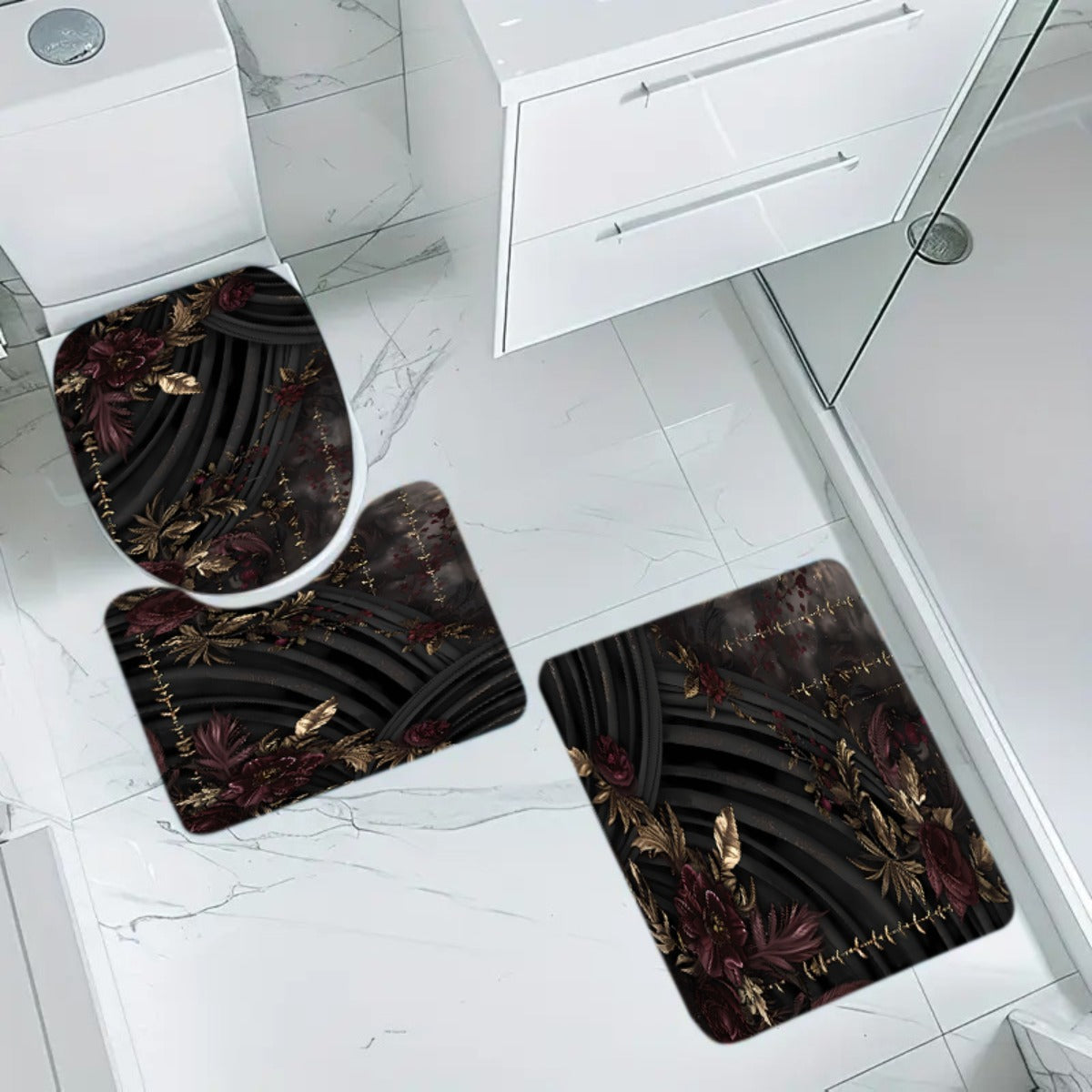 A Set of 1-4 Gold-Plated Rose Design Shower Curtains for The Bathroom, Complete with 12 Hooks, a Non-Slip Bath Mat, a U-Shaped Toilet Pad, a Toilet Seat Cover, And Decorative Items for The Bathroom, Ideal for Shower Curtain S