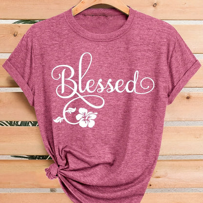 Women's Casual Short Sleeve T-Shirt - Blessed Floral Print Retro Style, Soft Stretch Round Neck Top, Machine Washable All-Season Comfort, Multi-Color Options S-XXL, Ladies T Shirts
