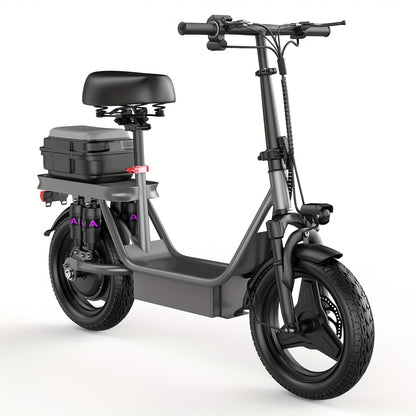 Peak Power 740W Adult Electric Scooter with Seat, 48V10/15AH Lithium Battery, 10 Shock Absorption, 14-Inch Tubeless Protective Tires, Dual Disc Brakes