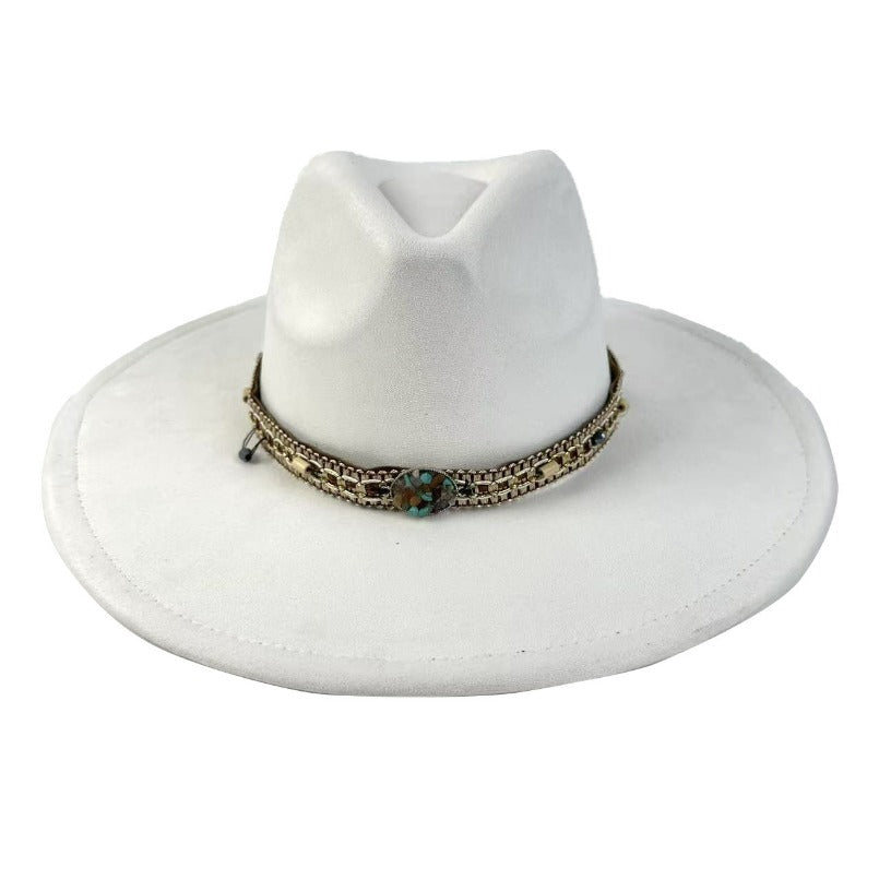 1pc Bohemian-Style Wide-Brimmed Women'S Felt Hat - with a Turquoise Bead Chain Decorative Band - Suitable for Holiday Dress-Up, Cowboy-Inspired Looks, Daily Casual Wear, And As a Photography Prop for Bohemian Home Decor, Fest