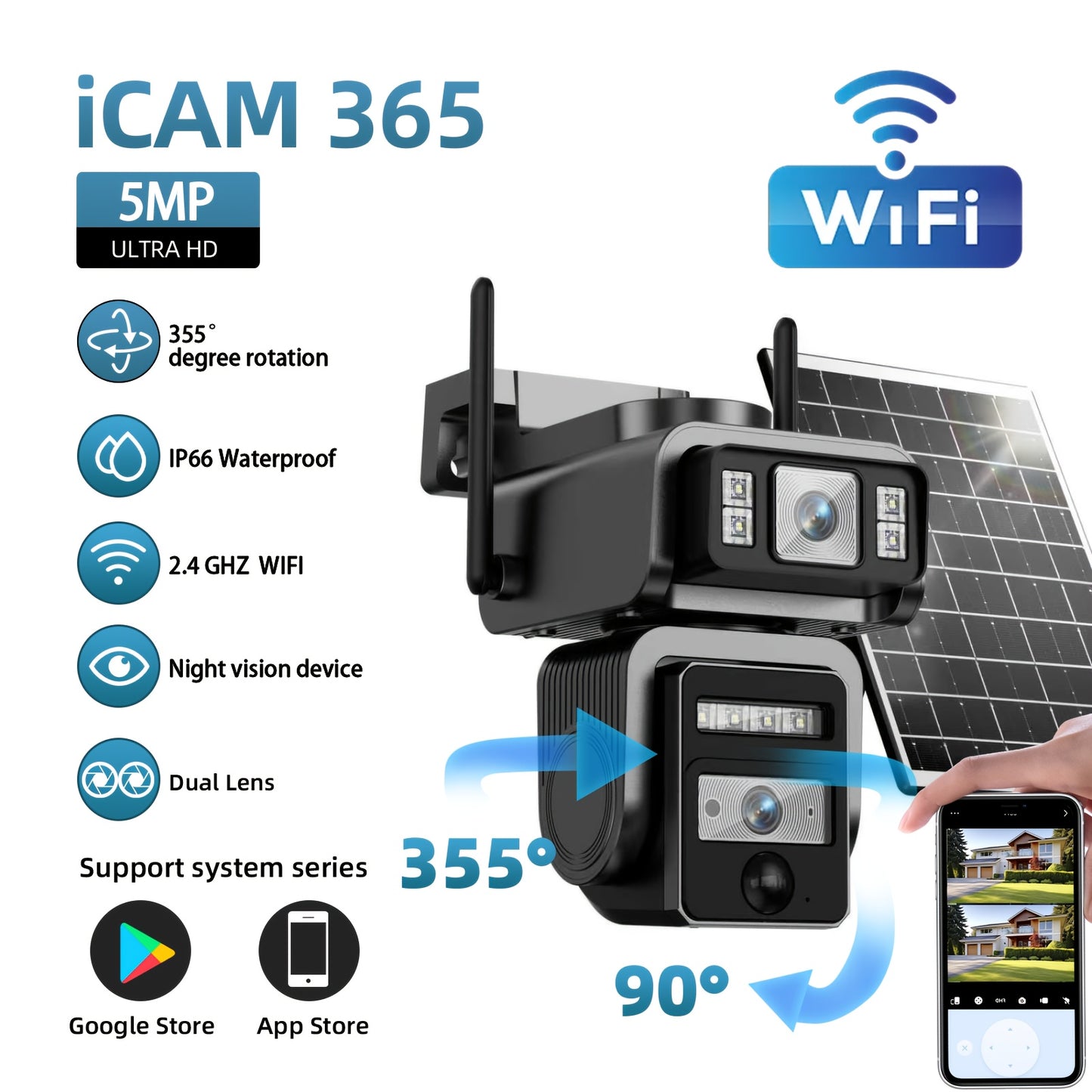 Home Wireless Outdoor Security Camera Icam365 | Solar-Powered, Dual Lens 3MP, Two-Way Audio, Digital Zoom, Motion Detection, IP66 Waterproof, Rechargeable Battery, 2.4G WiFi, Dual-Light Night Vision, PIR Alarm, Black