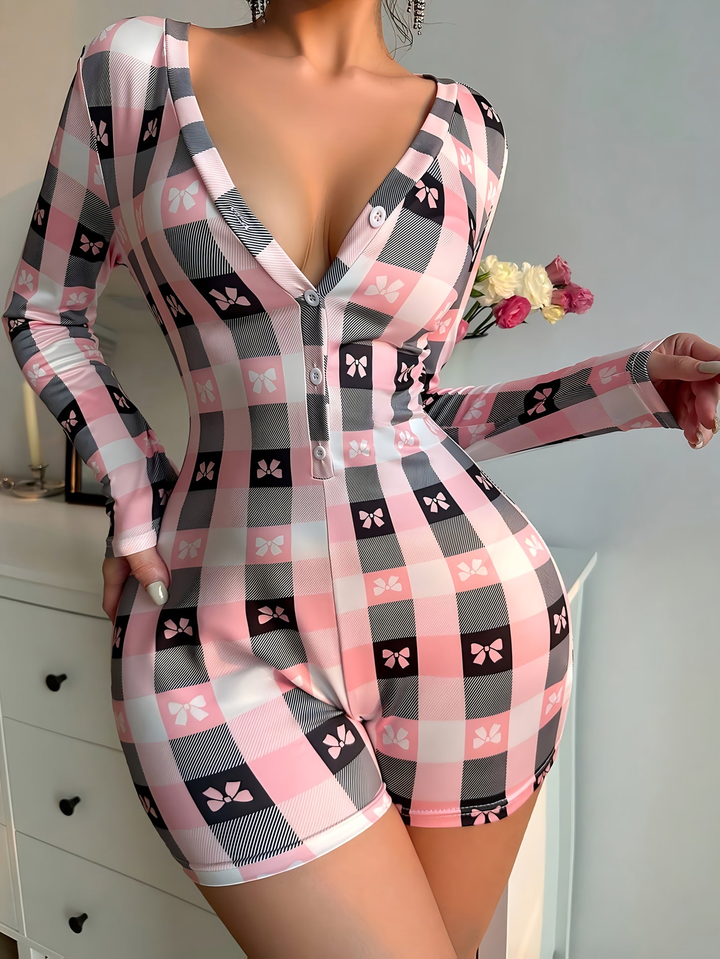 Women'S Shorts Jumpsuit with a Bow Print, Alluring Design Featuring a Deep V-Neck And Long Sleeves, Perfect for Casual Home Wear Or Street Outings, Ideal for a Feminine Date, Trendy Street Outfit.