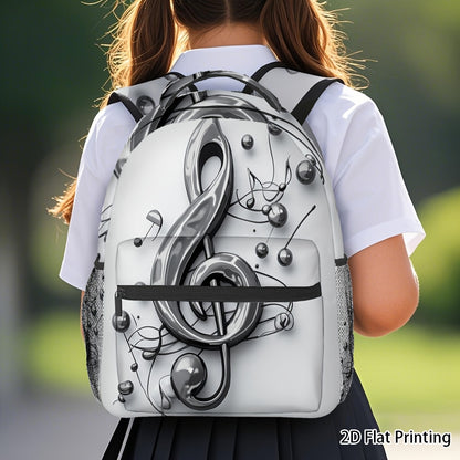 1pc Trendy Music Notes Printed Backpack - Durable 2D Flat Design with Studded Detail, Black & White, Perfect for School, Work, and Outdoor Activities, Backpack for School