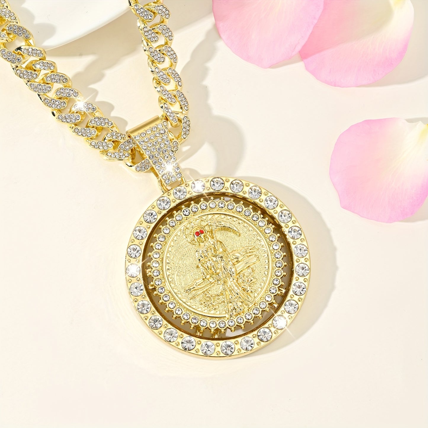 Stylish Golden Death Pendant Necklace, Heavy 14K Gold Plated 14K Gold Plated Plated Plated Rotating Award Cuban Chain Design, Religious Jewelry Trendy Streetwear / Unisex Gift for Men and Women, Jewelry For Men, Pendant Neckl