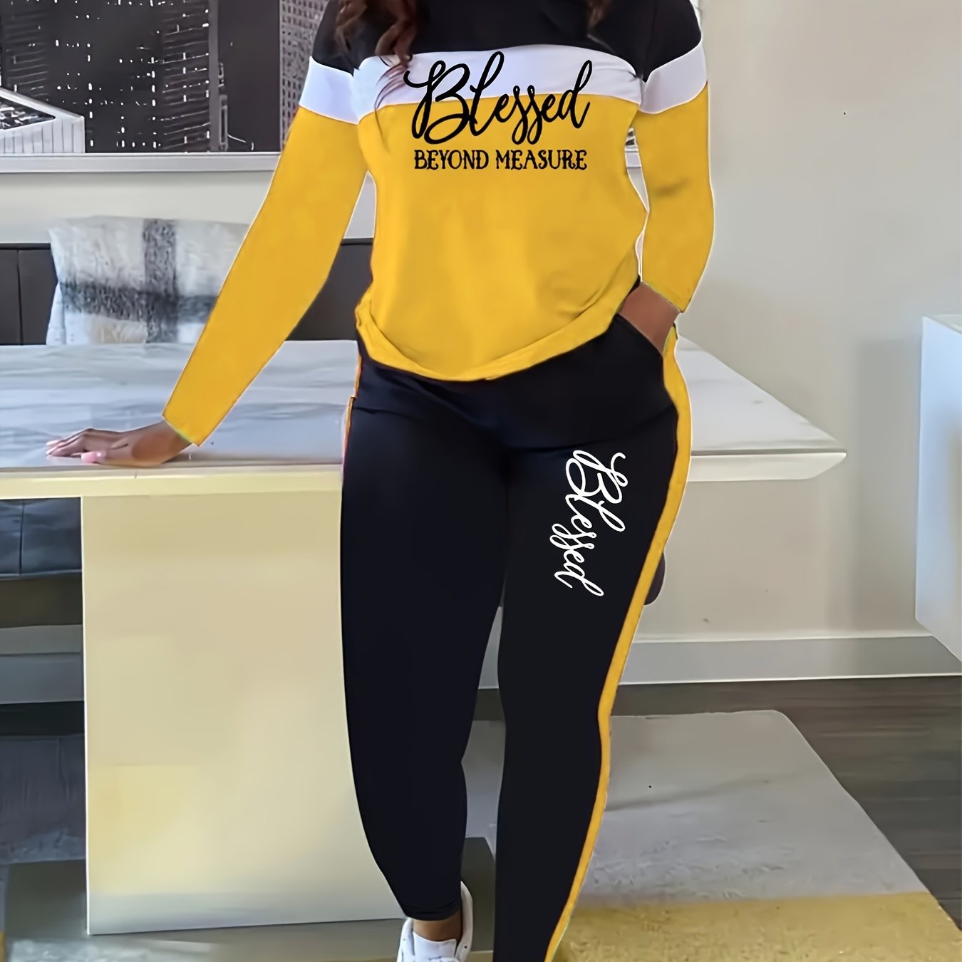 Women's Casual Suit with Color Block and Letter Print, Workwear Set, Casual Attire, Geometric Pattern, Trendy Fashion, Durable Material, Comfortable Fabric, Stylish Ensemble, Matching Set, Urban Style, Fashion Women